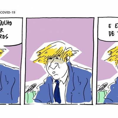 Tira de banda desenhada com personagem masculino loiro e fala em português sobre abertura de cabeleireiros no dia 4 de julho.