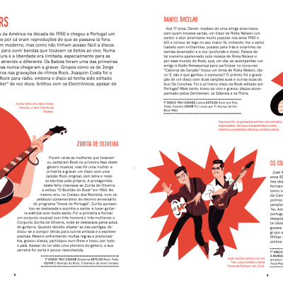 Páginas de livro com texto e ilustrações de músicos a tocar guitarra sobre os primeiros rockers em Portugal