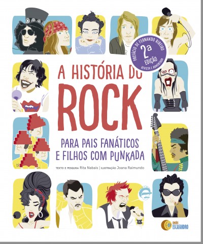 Capa do livro A História do Rock com ilustrações de músicos e texto em destaque