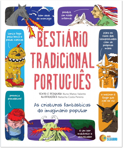 Capa do livro Bestiário Tradicional Português com ilustrações coloridas de criaturas fantásticas e balões de fala