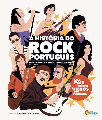 Ilustração de vários músicos com texto A História do Rock Português em design colorido.