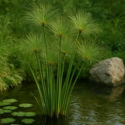 Plantas aquáticas verdes com caules e cabeças plumosas em água com pedras e folhas
