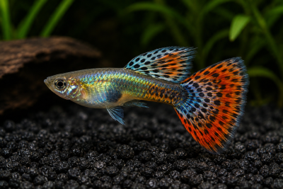 Peixe guppy colorido em aquário com substrato preto e plantas ao fundo