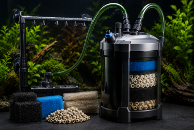 Filtro externo para aquário com esponjas e elementos cerâmicos em camadas e tubos verdes