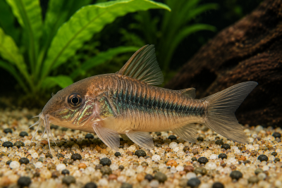 Peixe dourado e verde com barbatanas translúcidas sobre cascalho em aquário