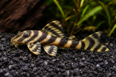 Peixe de aquário listrado amarelo e preto sobre gravilha preta