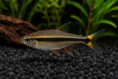 Peixe tropical com corpo prateado e dourado em cascalho preto