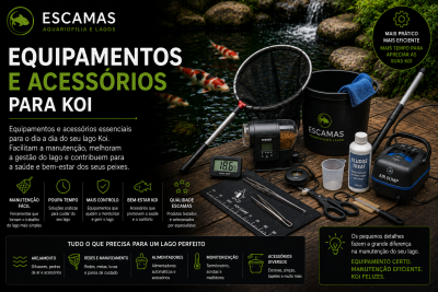 Equipamentos e acessórios variados para manutenção de lago Koi sobre superfície de madeira, próximo a um lago com peixes Koi.