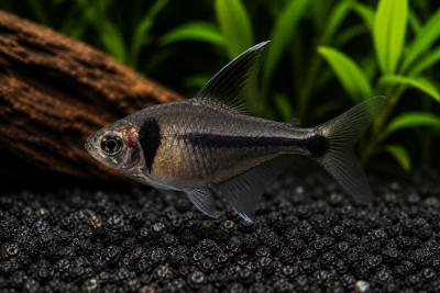 Peixe tropical prateado com marcas pretas em aquário com plantas e pedras pretas