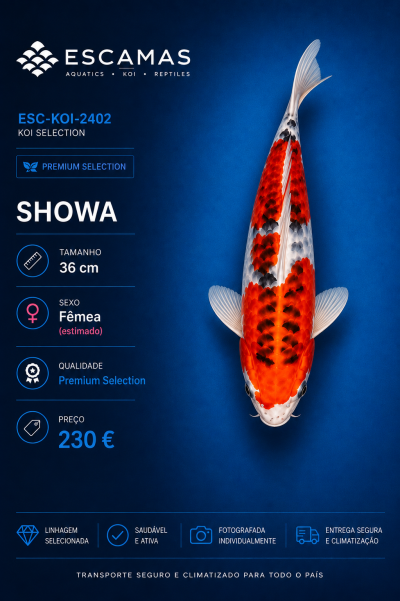 Peixe koi Showa vermelho, branco e preto sobre fundo azul com informação de seleção e preço.