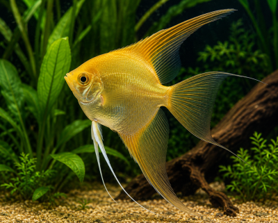 Peixe-anjo amarelo num aquário com plantas e cascalho