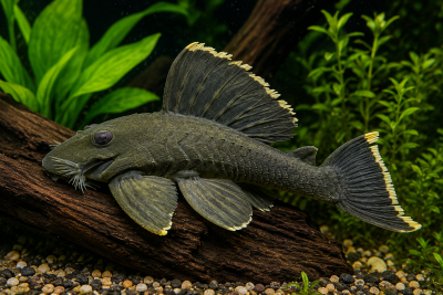 Peixe cascudo cinza escuro com bordas amarelas nas nadadeiras em aquário natural