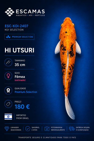 Peixe koi Hi Utsuri laranja e preto, 35 cm, fêmea, preço 180 €, importado de Israel