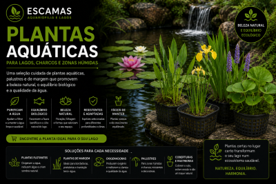 Plantas aquáticas em vasos pretos junto a um lago com nenúfares e cascata, texto promocional sobre plantas para lagos