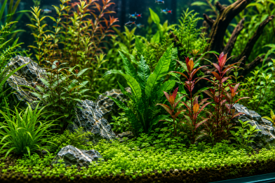 Aquaário com plantas aquáticas verdes e vermelhas e pedras cinzentas