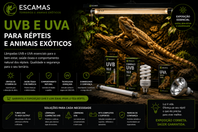 Lâmpadas UVB e UVA para répteis e animais exóticos com embalagem ESCAMAS e réptil sobre tronco