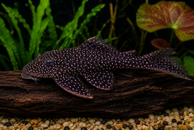 Peixe preto de manchas brancas sobre madeira e cascalho com plantas aquáticas no fundo