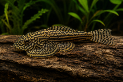 Peixe com padrão preto e dourado numa madeira com plantas ao fundo
