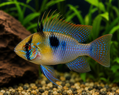 Peixe colorido com nadadeiras pontiagudas em aquário com plantas e cascalho.