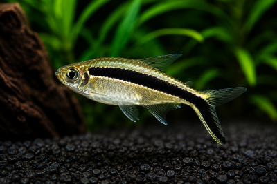 Peixe dourado com faixa preta nadando em aquário com cascalho preto e plantas verdes.