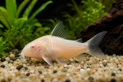 Peixe albino de corpo alongado sobre cascalho em aquário com plantas verdes.