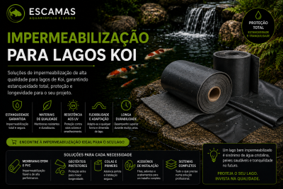 Dois rolos de membrana preta para impermeabilização junto a uma lagoa com carpas e texto promocional em português.