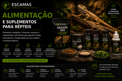 Suplementos alimentares para répteis da marca ESCAMAS e um réptil sobre tronco