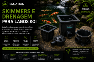 Componentes pretos plásticos para skimmers e drenagem para lagos Koi sobre pedras junto a lago com peixes Koi e texto promocional.