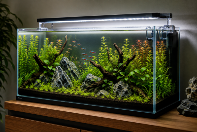 Aquário com plantas aquáticas, pedras, galhos e peixes pequenos coloridos