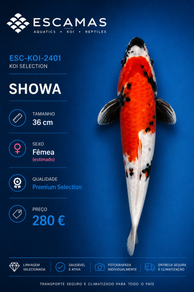 Peixe Koi Showa vermelho, preto e branco com informações de tamanho e preço