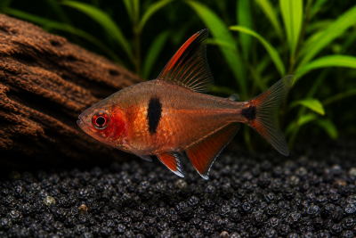 Peixe tropical laranja com manchas pretas em aquário com seixos pretos e planta verde