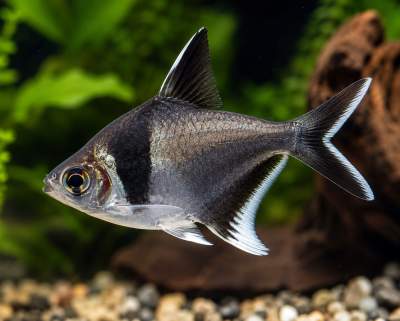 Peixe prata com faixa preta em aquário com cascalho e plantas verdes