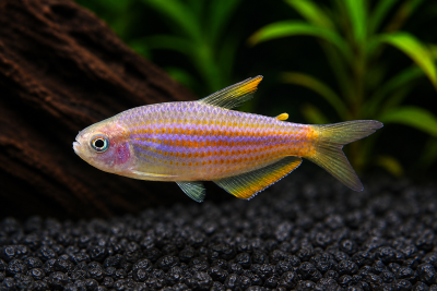 Peixe tropical iridescente a nadar em aquário com pedras pretas e plantas