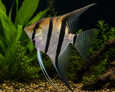 Peixe escalar com riscas verticais pretas em aquário com plantas e cascalho