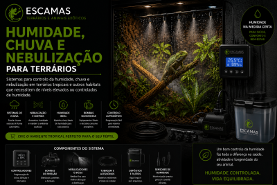 Sistema de nebulização e controlo de humidade para terrários com imagem de terrário húmido e controlador digital