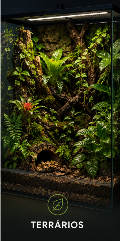 Terrário em vidro com plantas, madeira e cascalho iluminado