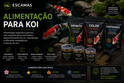 Embalações de ração e suplementos para peixes Koi junto a um lago com peixes coloridos