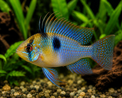 Peixe tropical azul e amarelo com nadadeiras coloridas em aquário com fundo de pedras e plantas verdes