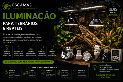 Sistemas de iluminação para terrários com lâmpadas, refletores, temporizador e réptil sobre tronco de madeira