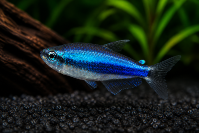 Peixe tropical azul brilhante num aquário com plantas verdes e substrato escuro.