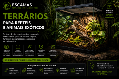 Terrário em vidro com lagarto e plantas, texto promocional de terrários para répteis em português.