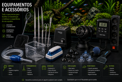 Equipamentos e acessórios para manutenção de aquários sobre superfície preta com aquário ao fundo