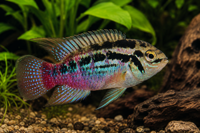 Peixe colorido com padrões pretos nadando em aquário com plantas e cascalho
