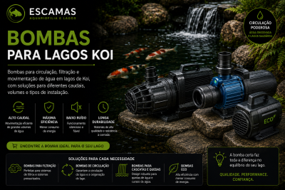 Bombas para lagos Koi preta e azul sobre pedras junto a lago com peixes Koi e cascata.