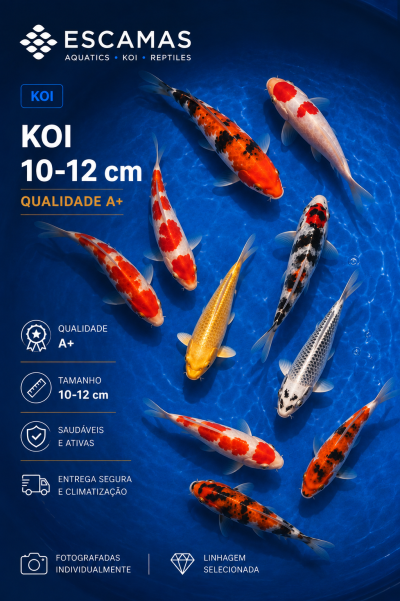 Imagem promocional de peixes koi coloridos sobre fundo azul com texto em português