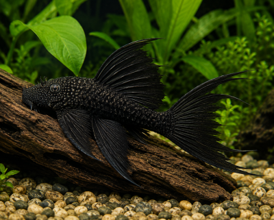 Peixe Pleco preto com nadadeiras longas sobre madeira em aquário com plantas verdes