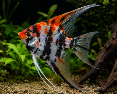 Peixe angelfish colorido em aquário com plantas e cascalho