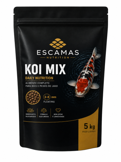 Embalagem preta com alimento para peixes KOI MIX da ESCAMAS NUTRITION, 5 kg, pellets flutuantes 3-8 mm e imagem de peixe koi.