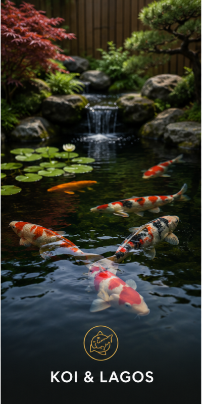 Lago com peixes koi coloridos, nenúfares e cascata, texto KOI & LAGOS.
