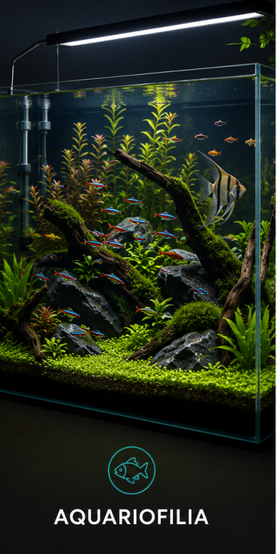 Aquário com plantas aquáticas, peixes coloridos e luz LED